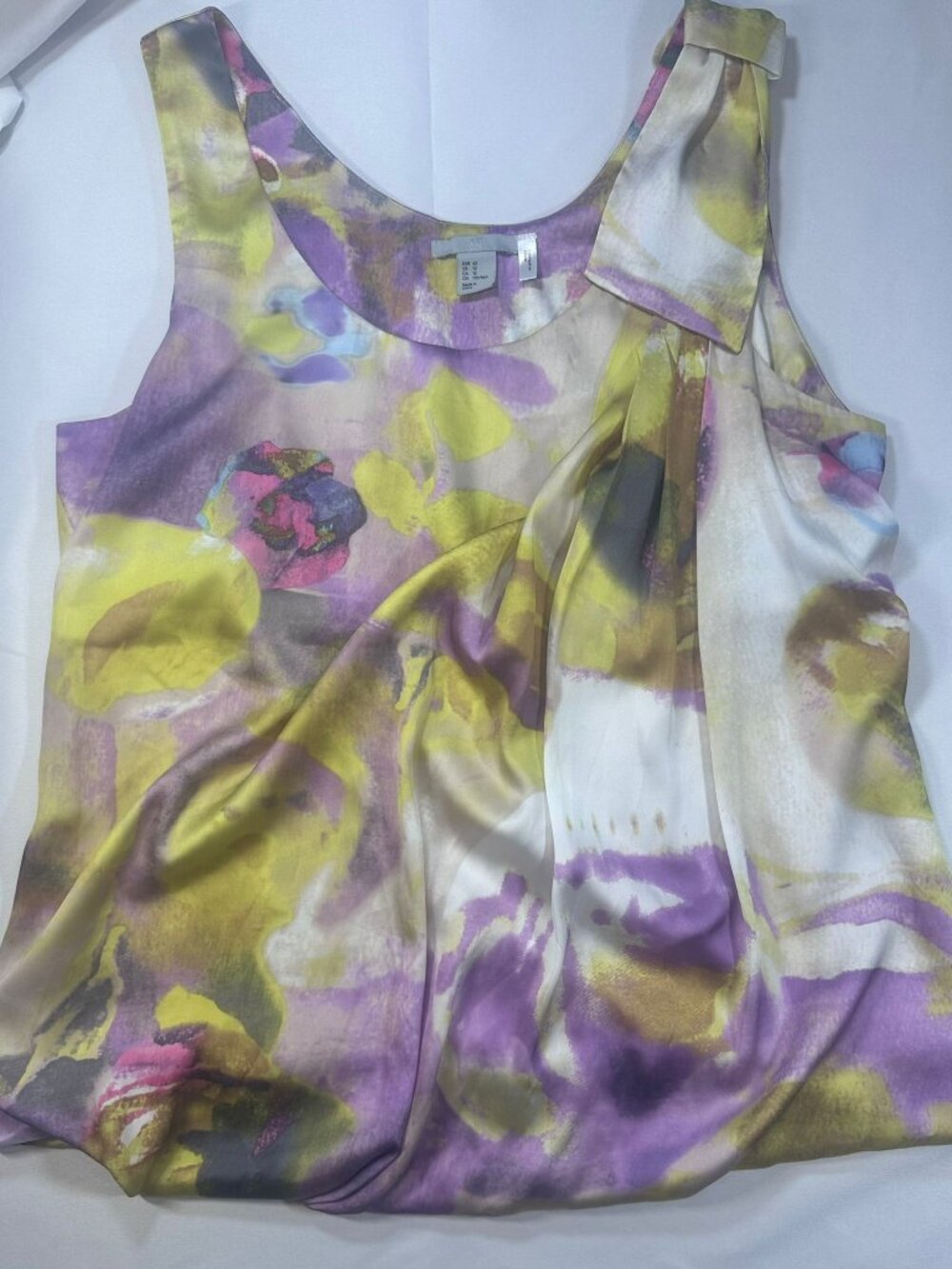 H&M Purple Yellow Abstract Floral Satin Draped Sleeveless Blouse-Size 12